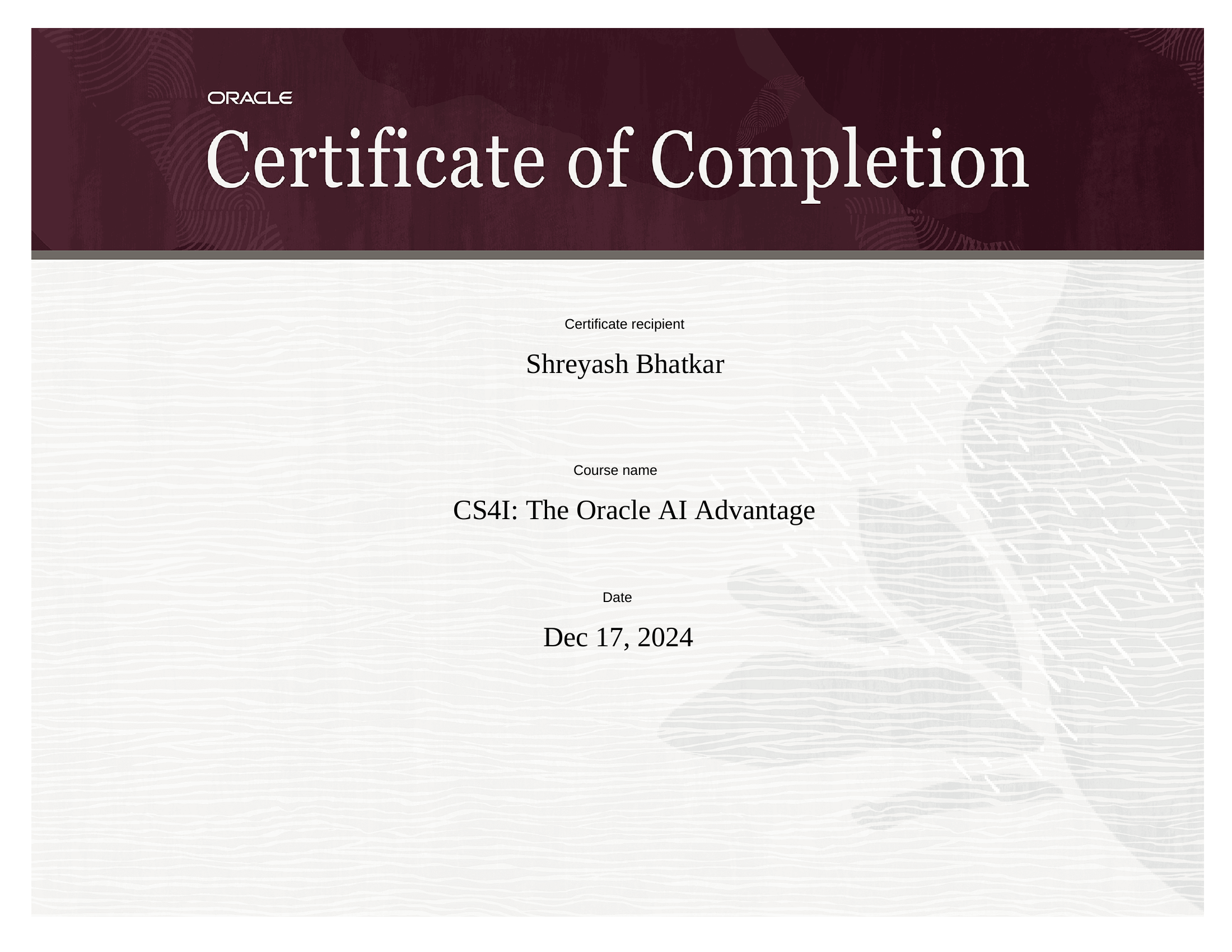 Oracle AI Advantage — Course Certificate